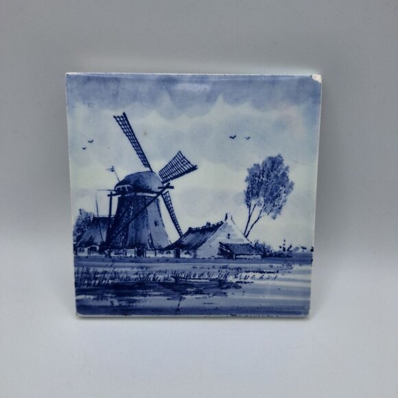 Holland Blue Tile Coaster Windmill Bartelts Rotterdam Square Dutch Vintage - Picture 1 of 7